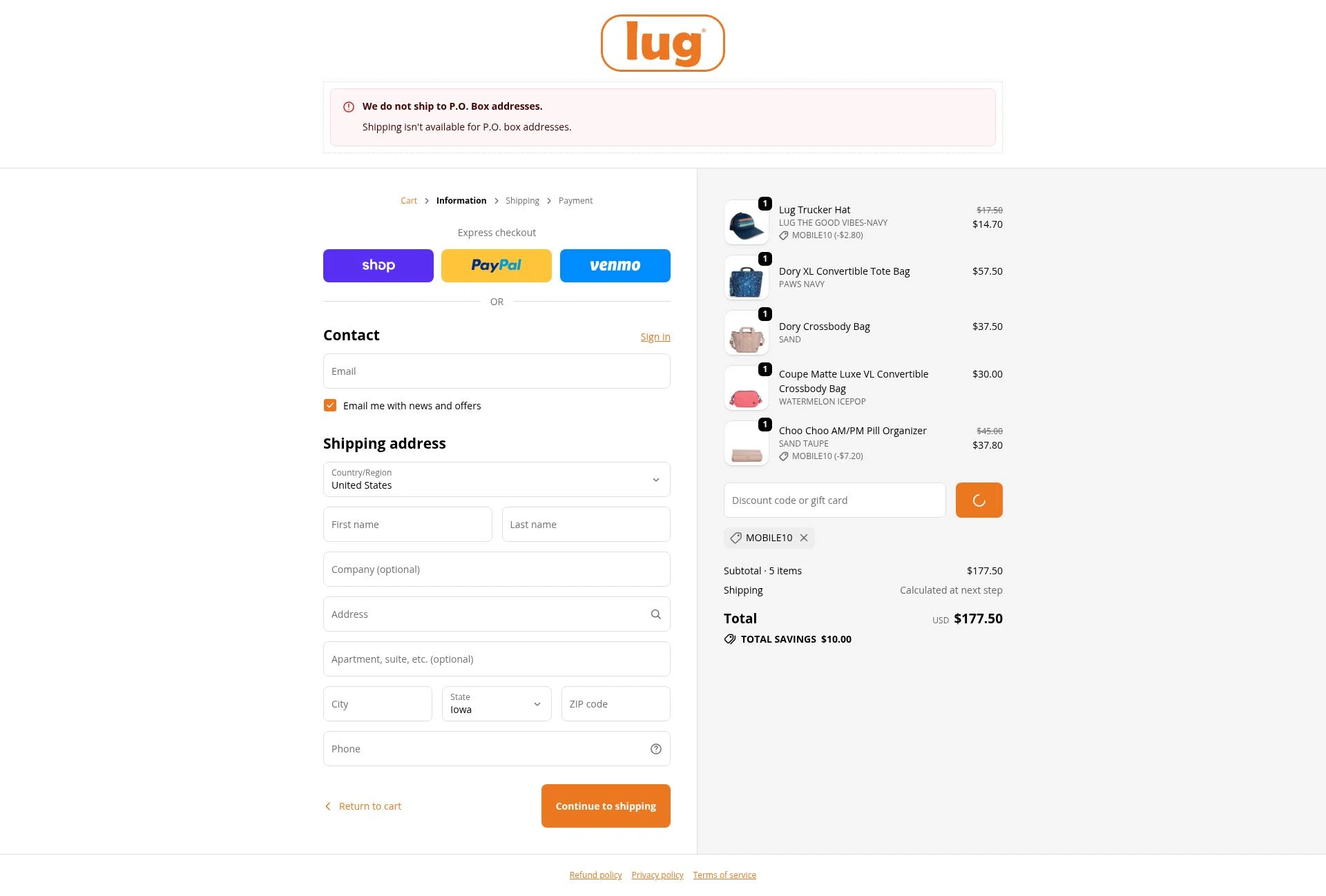 Lug checkout page showing Lug promo code box | Screenshot taken by SimplyCodes community member on Feb 6, 2026