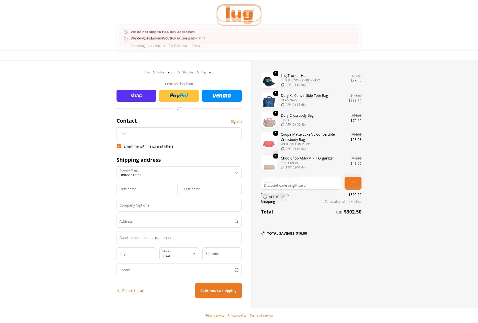 Lug checkout page showing Lug promo code box | Screenshot taken by SimplyCodes community member on Feb 2, 2026