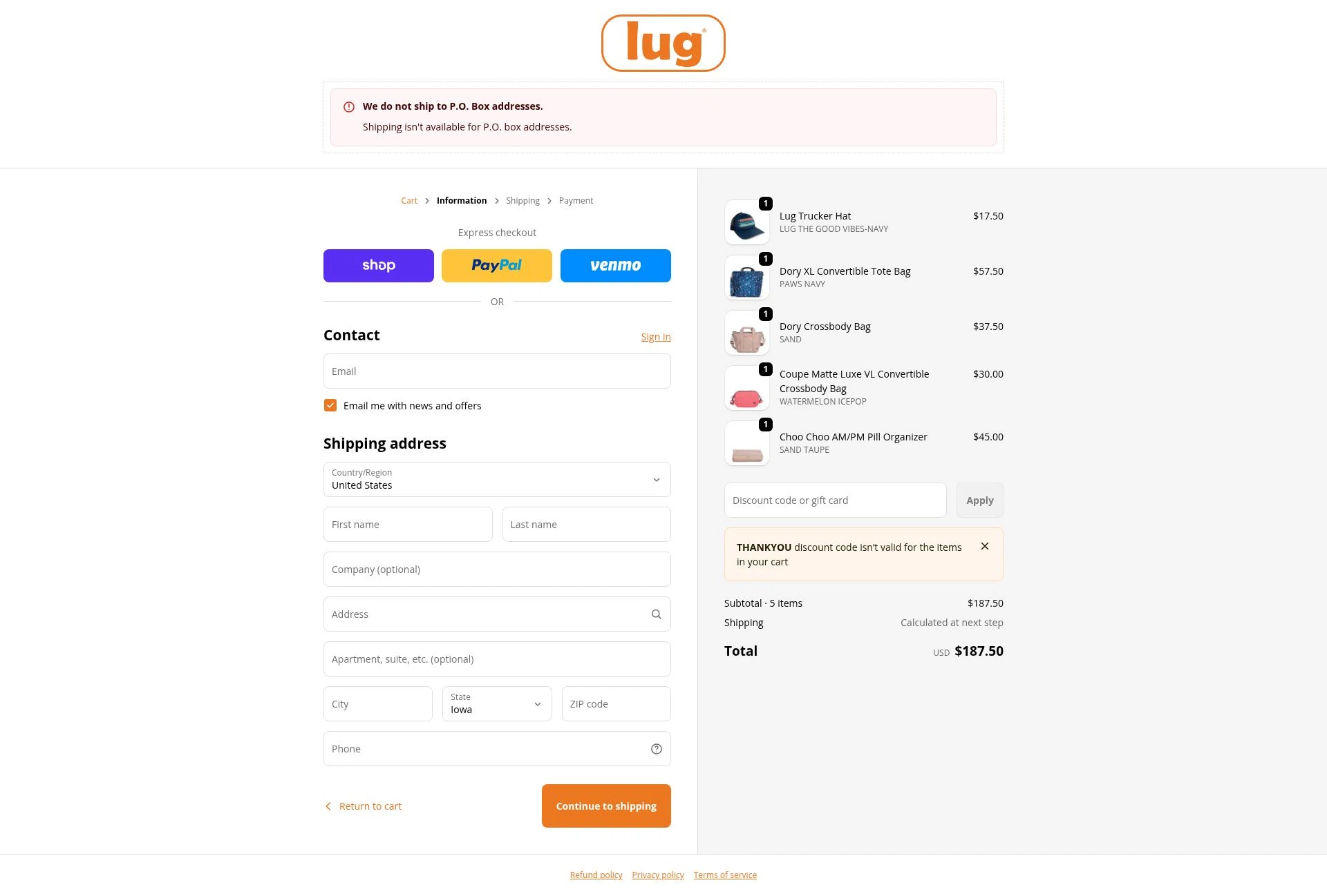 Lug checkout page showing Lug promo code box | Screenshot taken by SimplyCodes community member on Feb 6, 2026