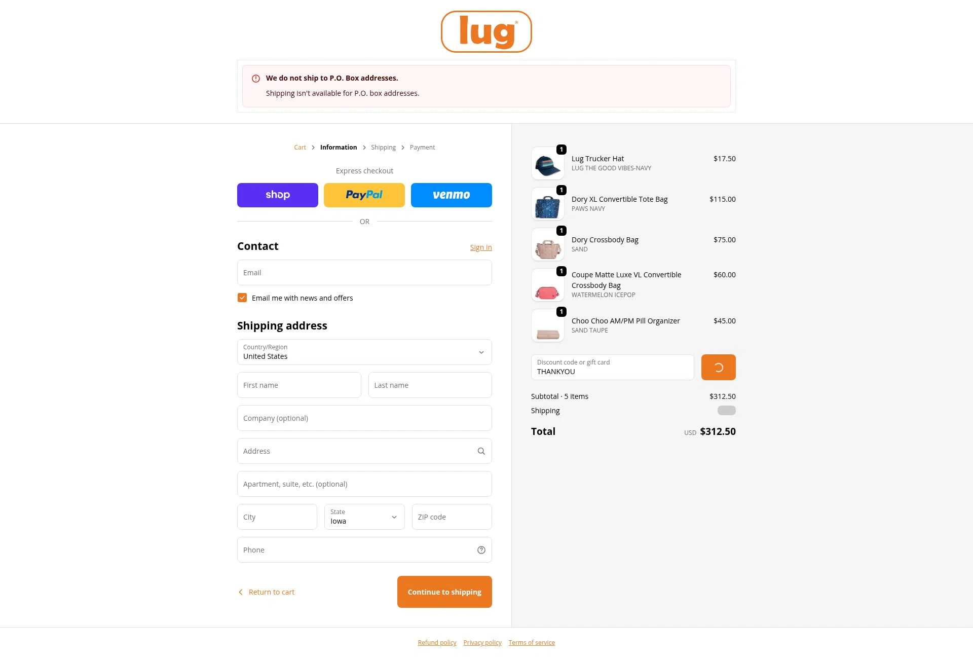 Lug checkout page showing Lug promo code box | Screenshot taken by SimplyCodes community member on Feb 2, 2026
