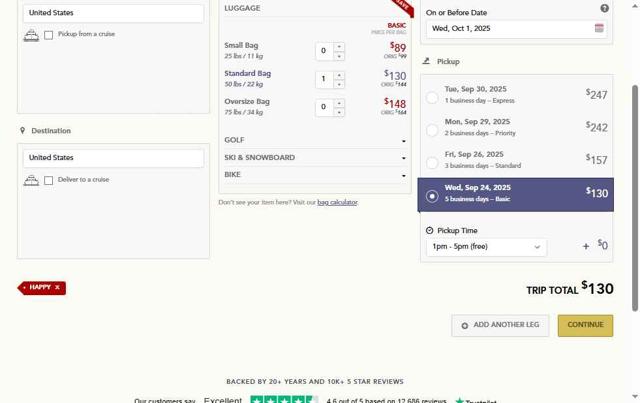 Luggage Forward checkout page showing Luggage Forward promo code box | Screenshot taken by SimplyCodes community member on Sep 10, 2025