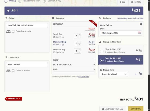 Luggage Forward checkout page showing Luggage Forward promo code box | Screenshot taken by SimplyCodes community member on Jul 12, 2025