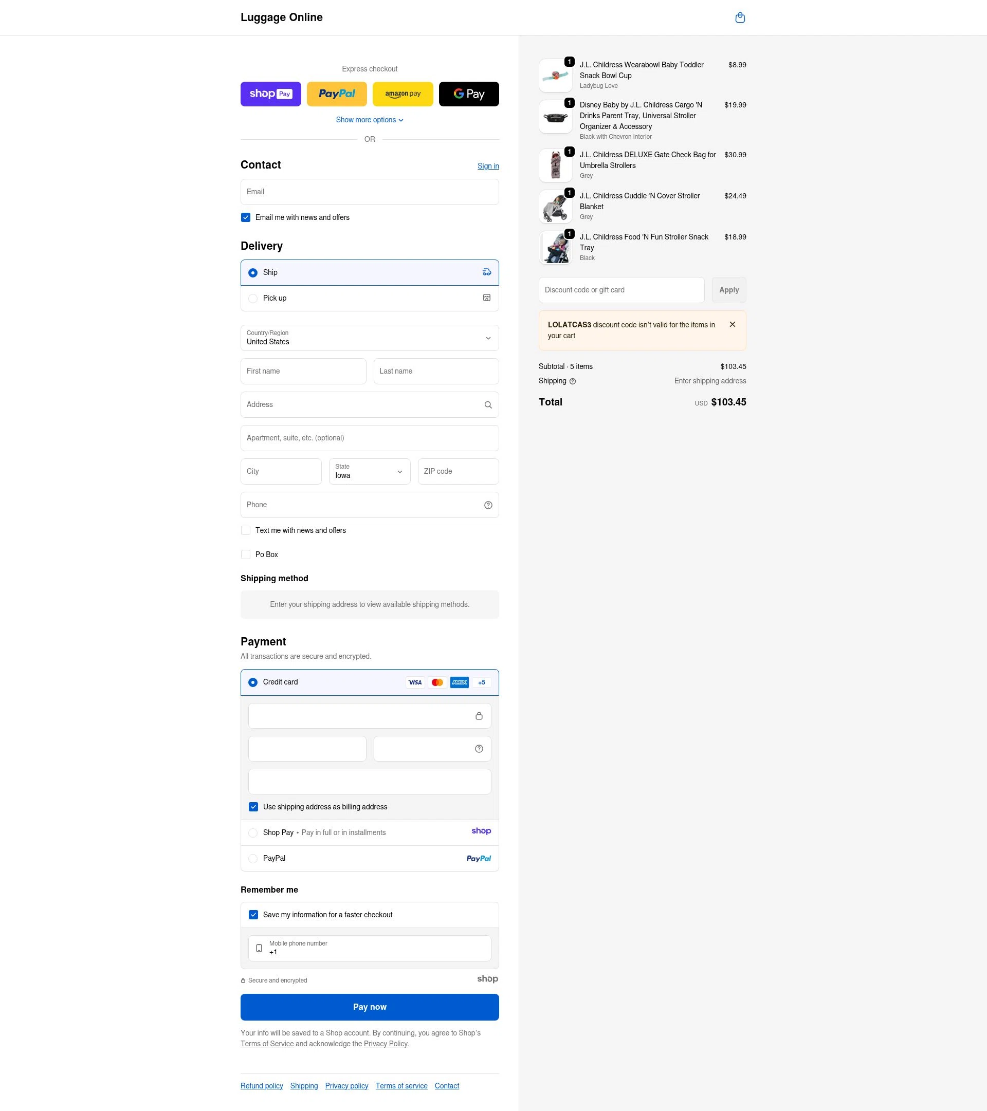Luggage Online checkout page showing Luggage Online discount code box | Screenshot taken by SimplyCodes community member on Jan 10, 2026