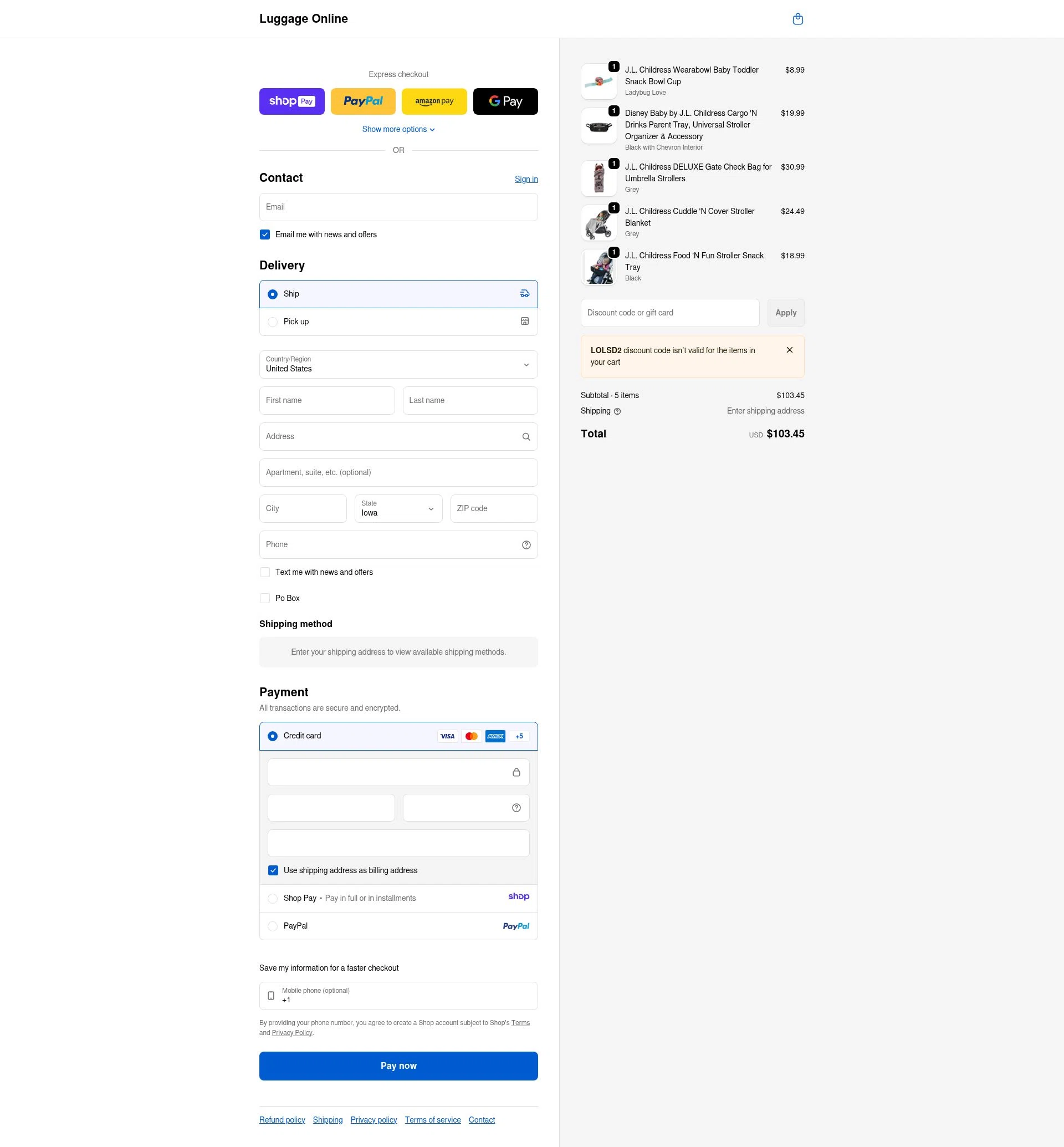 Luggage Online checkout page showing Luggage Online discount code box | Screenshot taken by SimplyCodes community member on Jan 10, 2026
