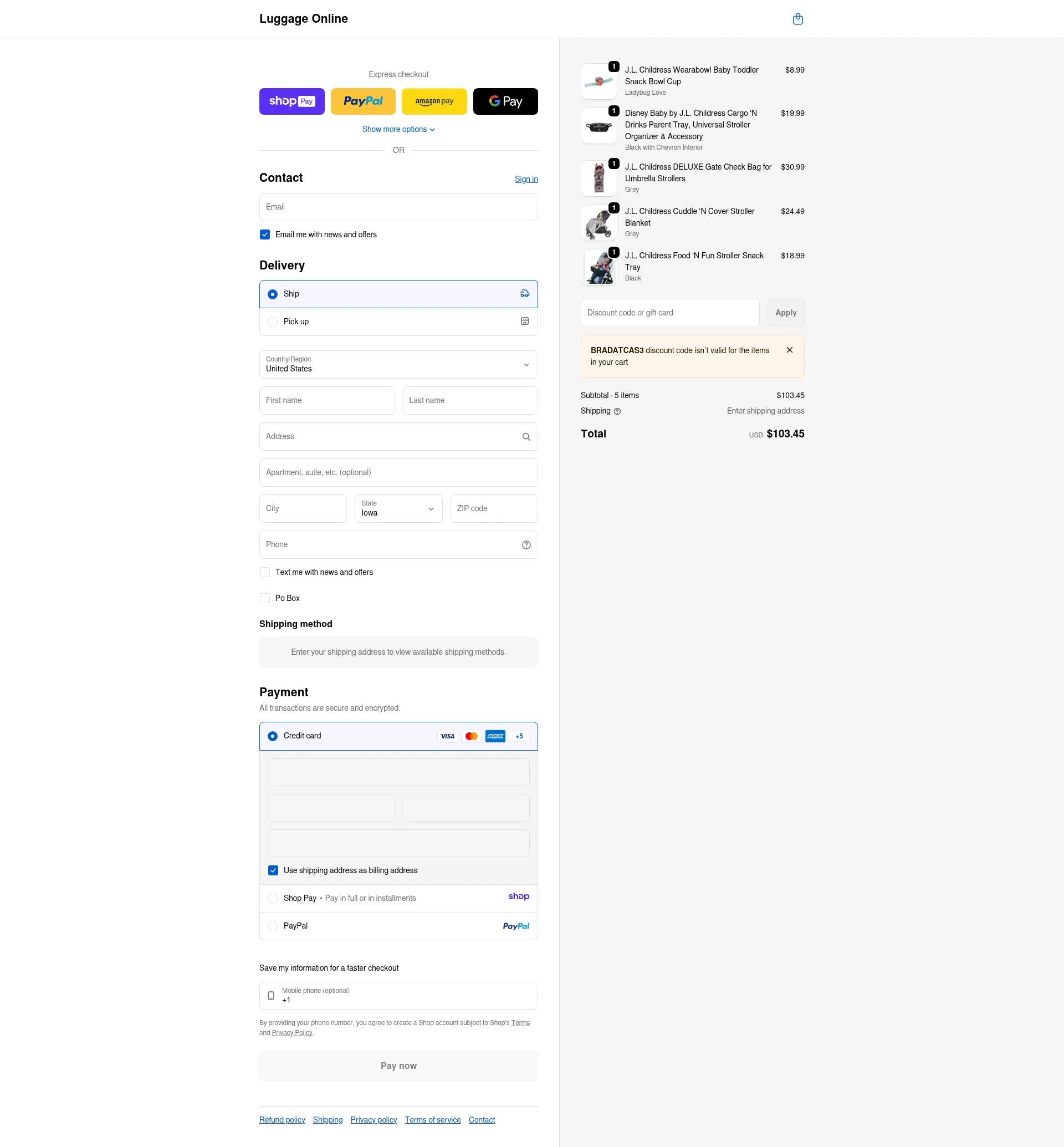 Luggage Online checkout page showing Luggage Online discount code box | Screenshot taken by SimplyCodes community member on Jan 10, 2026