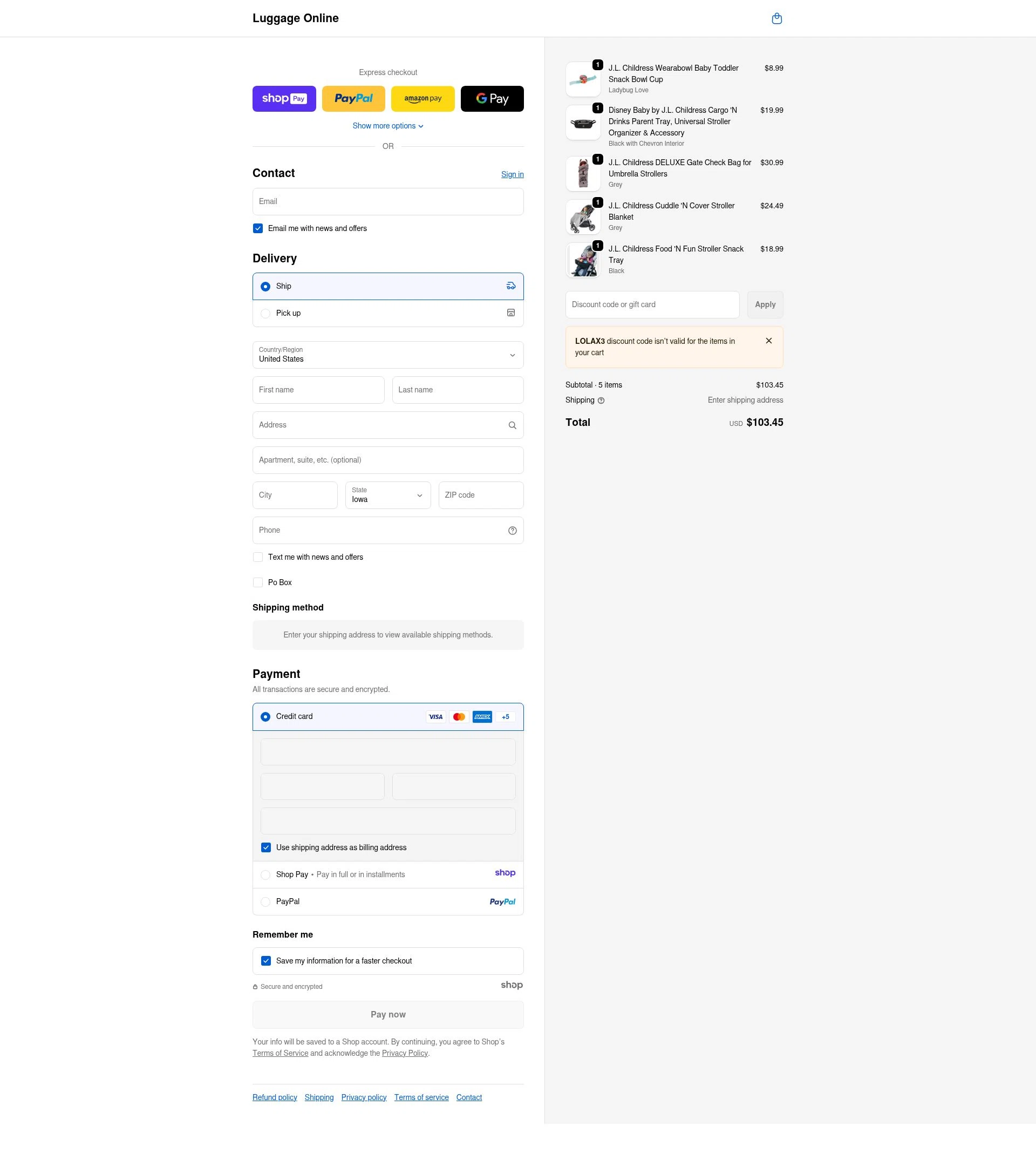 Luggage Online checkout page showing Luggage Online discount code box | Screenshot taken by SimplyCodes community member on Jan 10, 2026