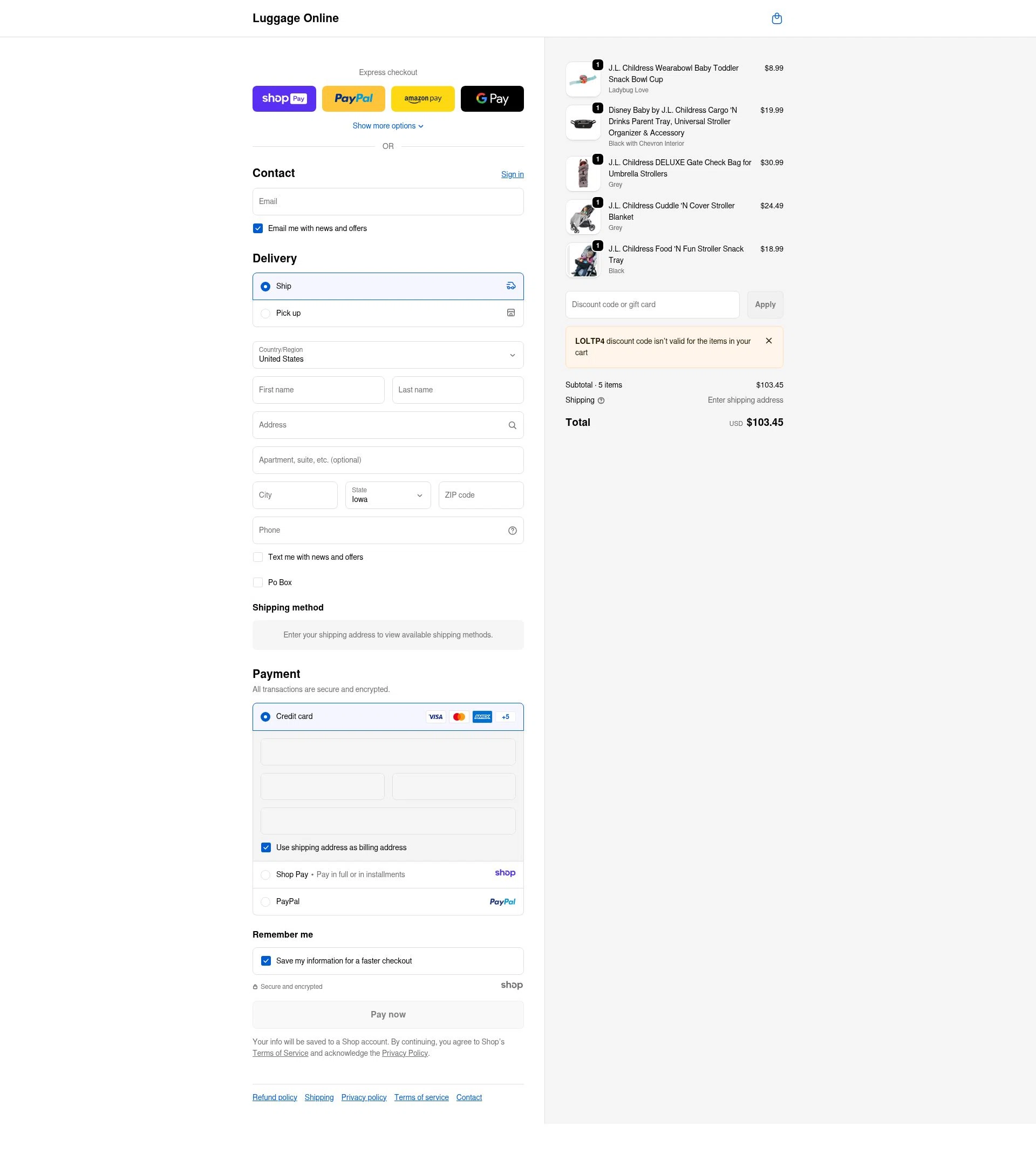 Luggage Online checkout page showing Luggage Online discount code box | Screenshot taken by SimplyCodes community member on Jan 10, 2026