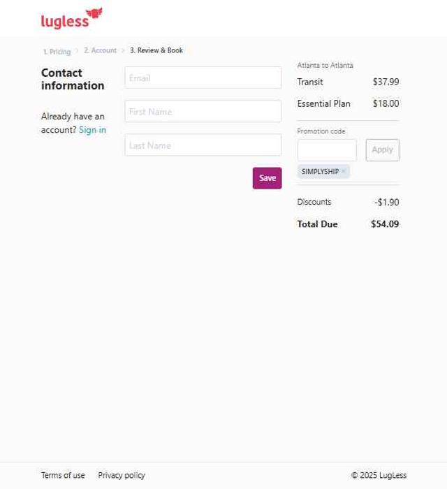 LugLess checkout page showing LugLess promo code box | Screenshot taken by SimplyCodes community member on Jul 30, 2025