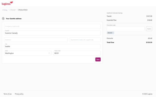 LugLess checkout page showing LugLess promo code box | Screenshot taken by SimplyCodes community member on Aug 2, 2025