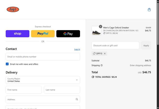 Lugz checkout page showing Lugz promo code box | Screenshot taken by SimplyCodes community member on Aug 31, 2025
