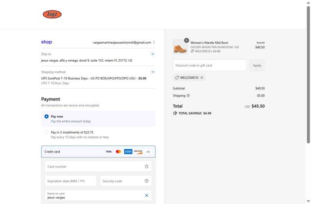 Lugz checkout page showing Lugz promo code box | Screenshot taken by SimplyCodes community member on Sep 7, 2025