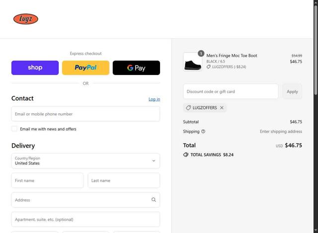 Lugz checkout page showing Lugz promo code box | Screenshot taken by SimplyCodes community member on Sep 7, 2025