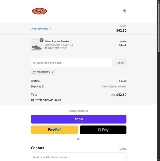 Lugz checkout page showing Lugz promo code box | Screenshot taken by SimplyCodes community member on Aug 31, 2025