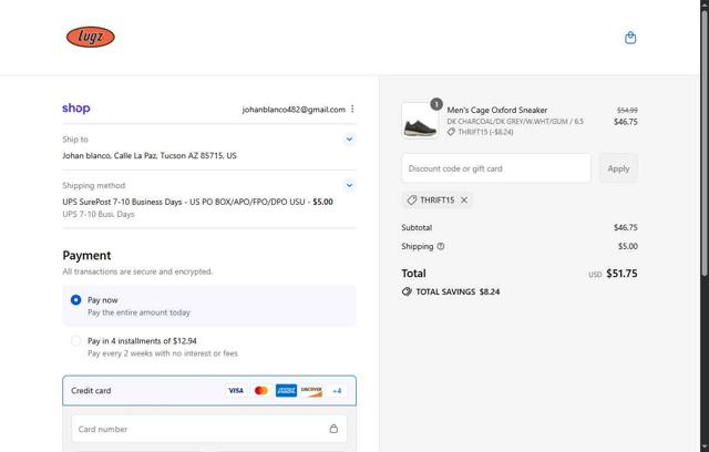 Lugz checkout page showing Lugz promo code box | Screenshot taken by SimplyCodes community member on Aug 31, 2025