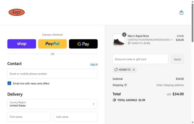 Lugz checkout page showing Lugz promo code box | Screenshot taken by SimplyCodes community member on Aug 31, 2025