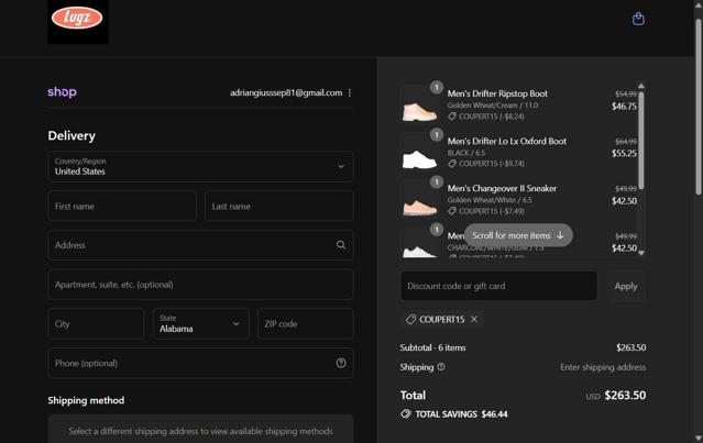 Lugz checkout page showing Lugz promo code box | Screenshot taken by SimplyCodes community member on Aug 31, 2025