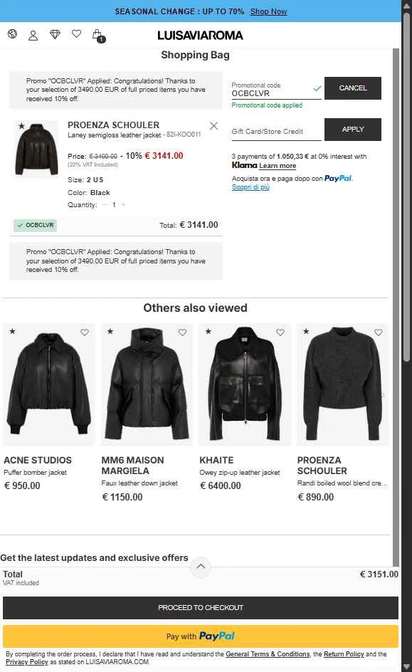 Luisa Via Roma checkout page showing Luisa Via Roma discount code box | Screenshot taken by SimplyCodes community member on Oct 6, 2025