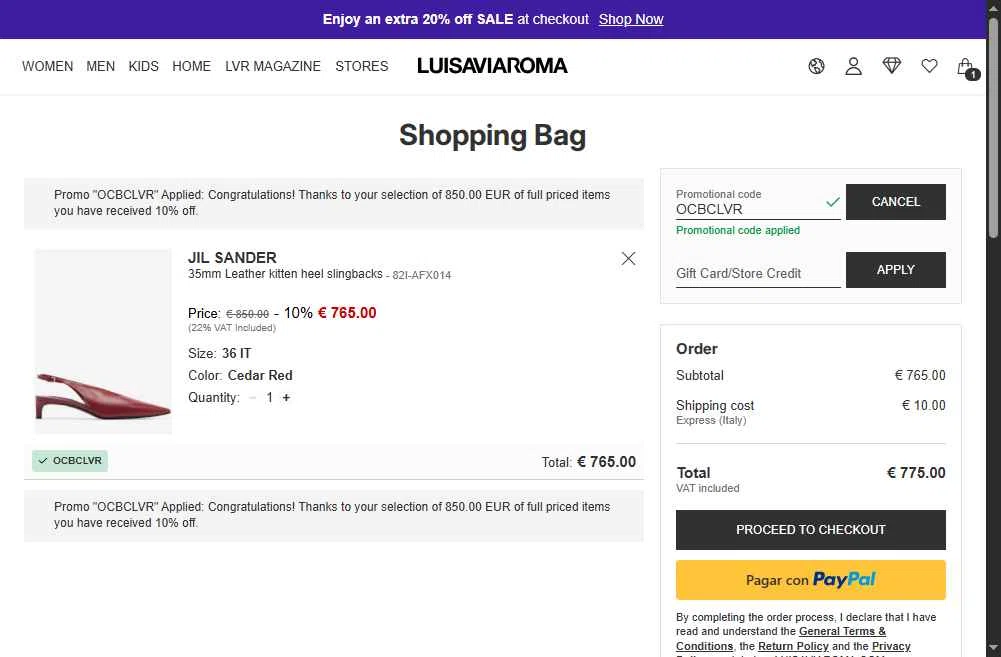 Luisa Via Roma checkout page showing Luisa Via Roma discount code box | Screenshot taken by SimplyCodes community member on Jan 5, 2026