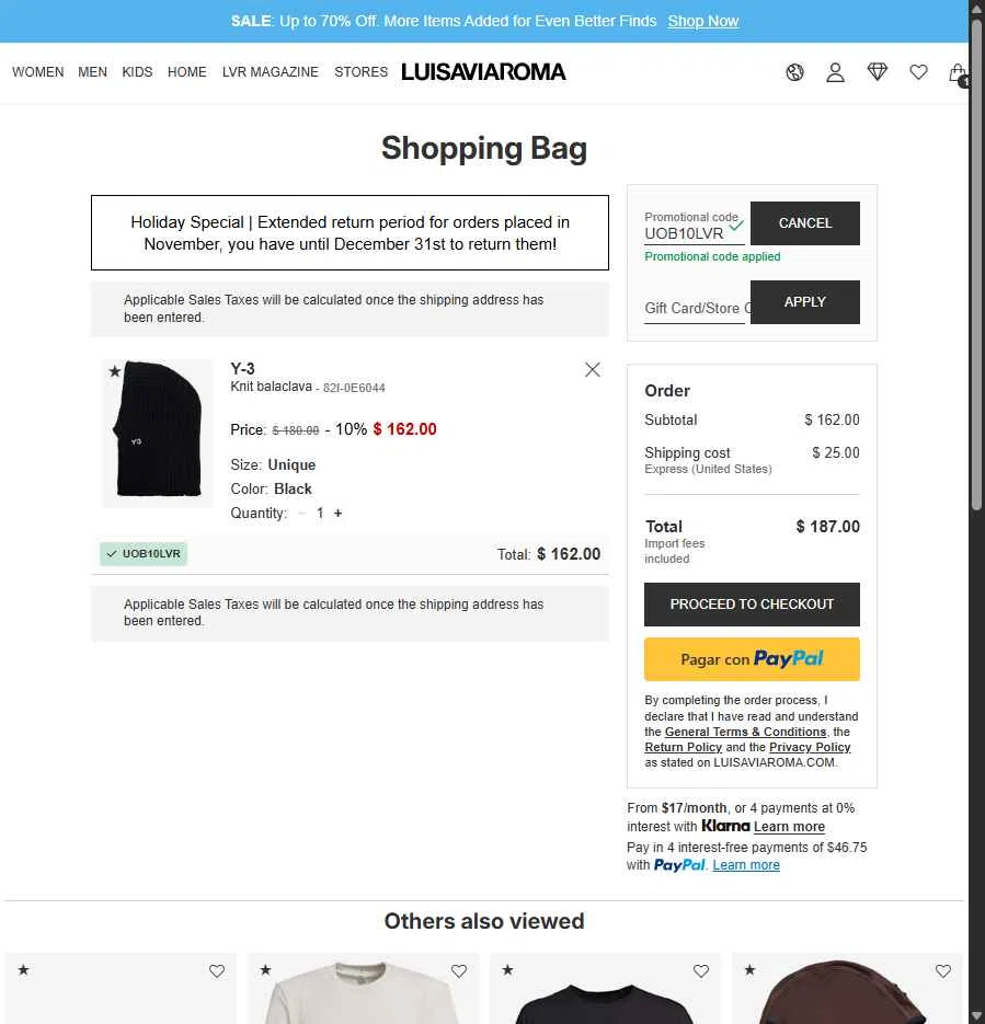 Luisa Via Roma checkout page showing Luisa Via Roma discount code box | Screenshot taken by SimplyCodes community member on Nov 8, 2025