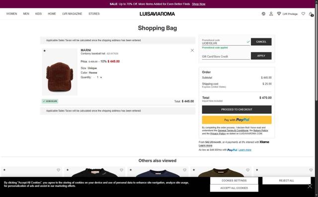 Luisa Via Roma checkout page showing Luisa Via Roma discount code box | Screenshot taken by SimplyCodes community member on Sep 4, 2025