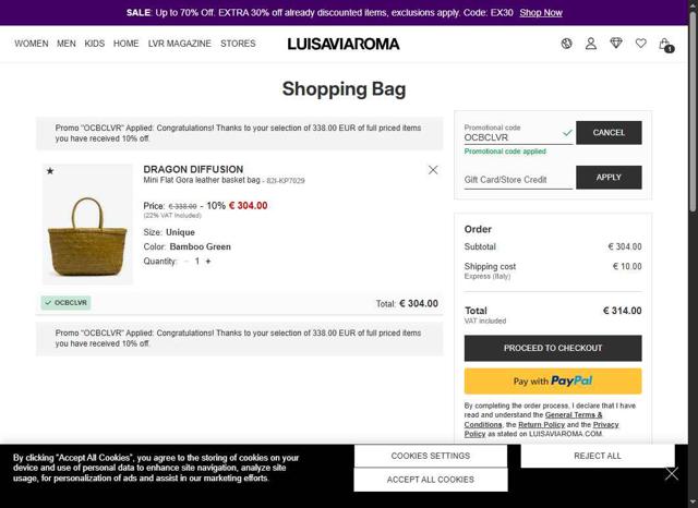 Luisa Via Roma checkout page showing Luisa Via Roma discount code box | Screenshot taken by SimplyCodes community member on Aug 6, 2025