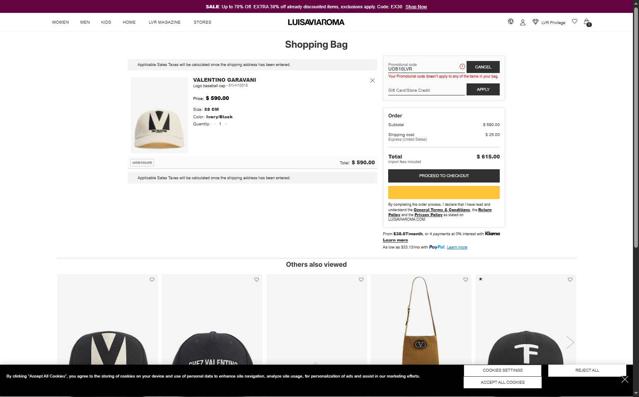 Luisa Via Roma checkout page showing Luisa Via Roma discount code box | Screenshot taken by SimplyCodes community member on Aug 27, 2025
