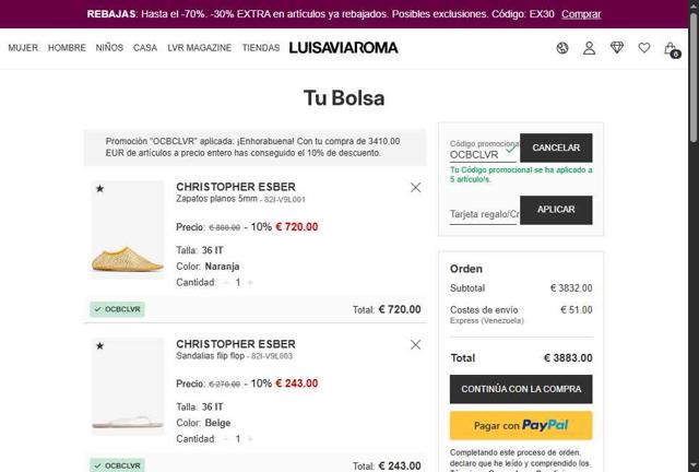 Luisa Via Roma checkout page showing Luisa Via Roma discount code box | Screenshot taken by SimplyCodes community member on Jul 23, 2025