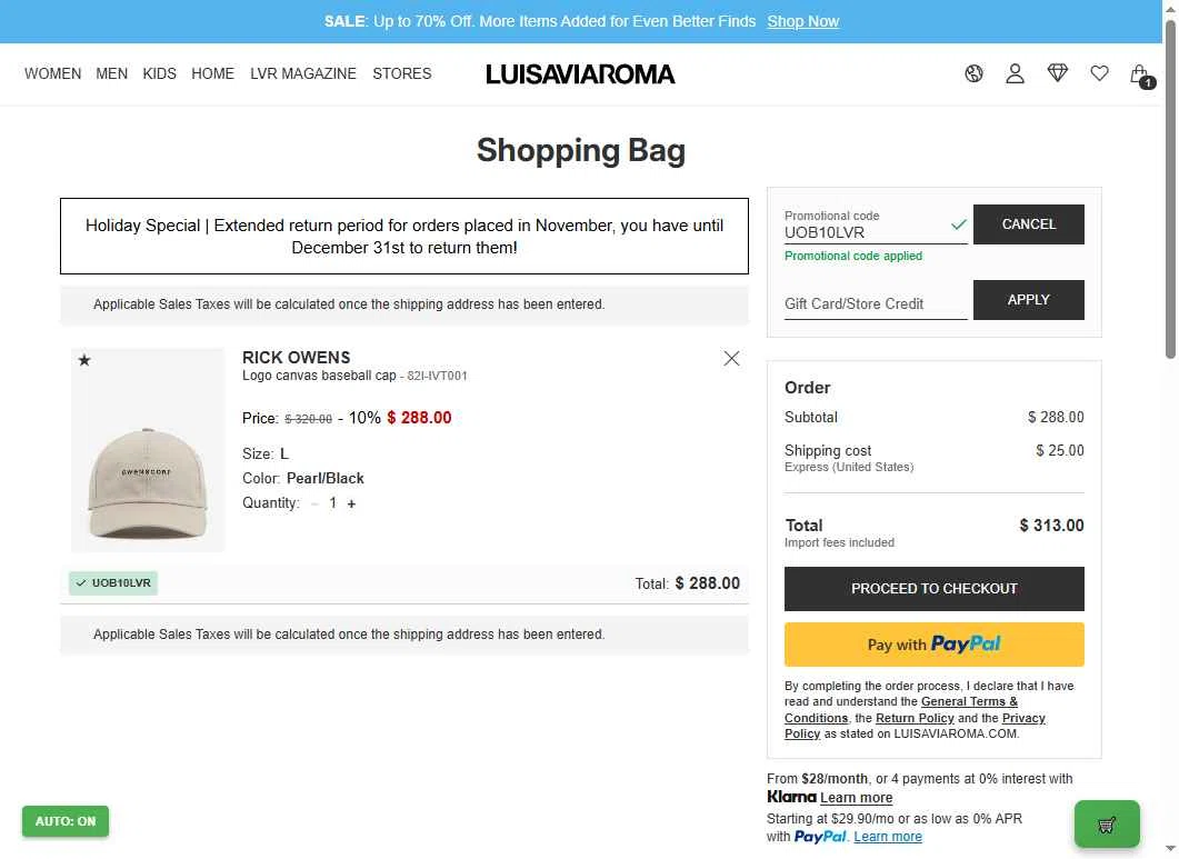 Luisa Via Roma checkout page showing Luisa Via Roma discount code box | Screenshot taken by SimplyCodes community member on Nov 23, 2025