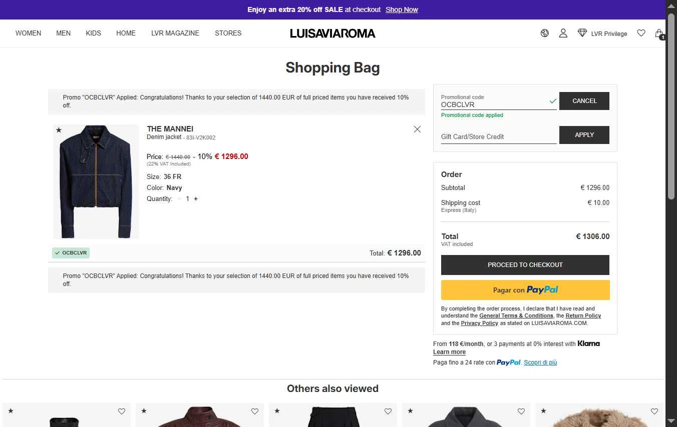Luisa Via Roma checkout page showing Luisa Via Roma discount code box | Screenshot taken by SimplyCodes community member on Jan 21, 2026