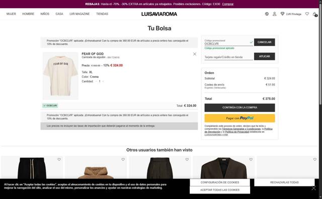 Luisa Via Roma checkout page showing Luisa Via Roma discount code box | Screenshot taken by SimplyCodes community member on Aug 29, 2025