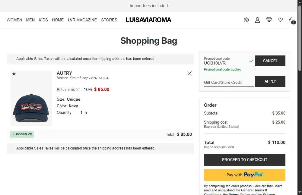 Luisa Via Roma checkout page showing Luisa Via Roma discount code box | Screenshot taken by SimplyCodes community member on Oct 6, 2025
