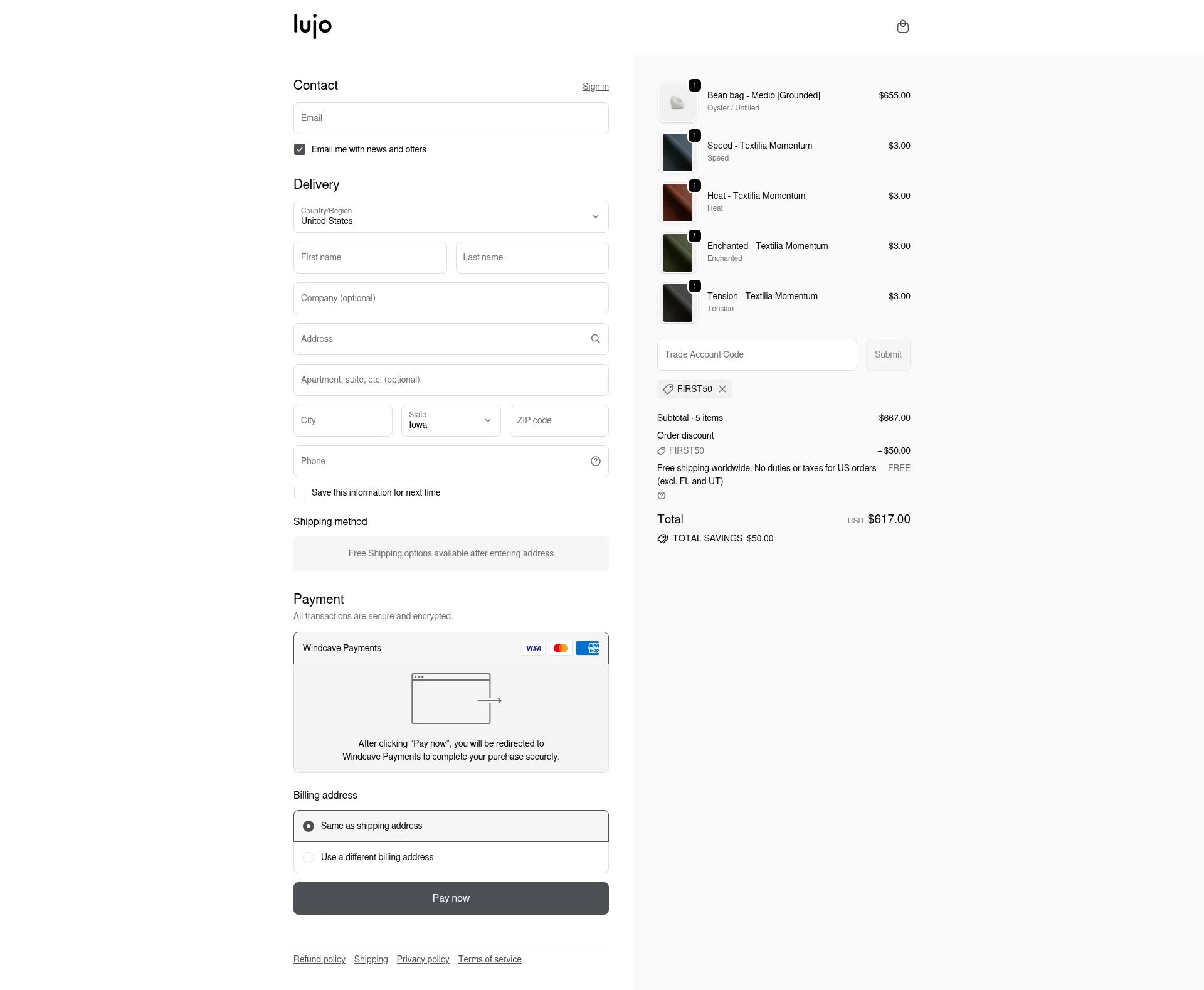 Lujo Living checkout page showing Lujo Living promo code box | Screenshot taken by SimplyCodes community member on Jan 5, 2026