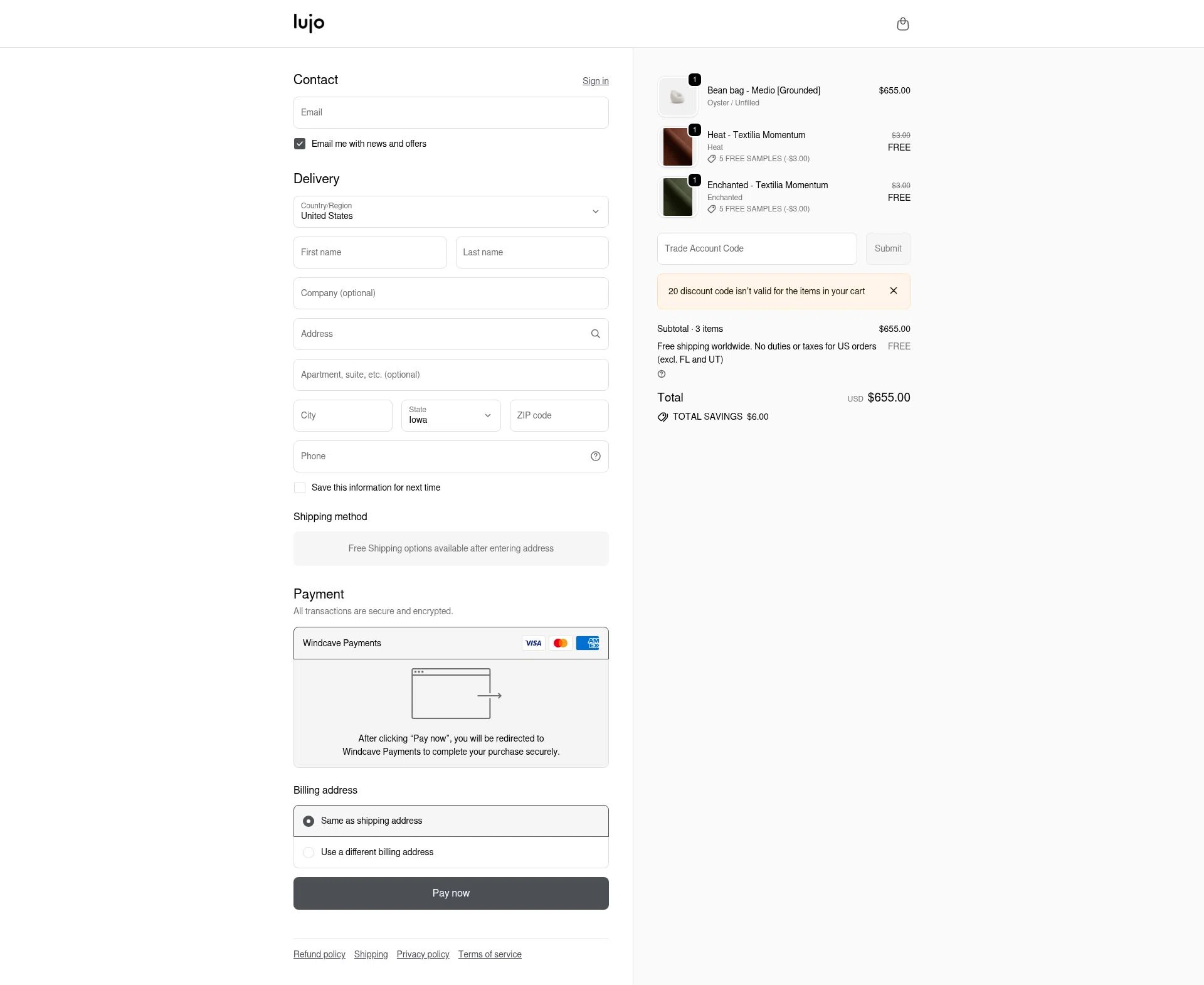 Lujo Living checkout page showing Lujo Living promo code box | Screenshot taken by SimplyCodes community member on Jan 10, 2026