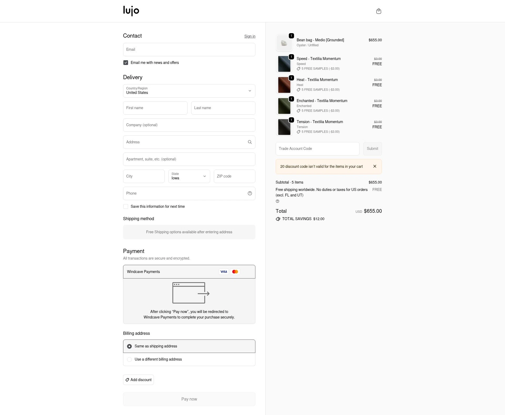 Lujo Living checkout page showing Lujo Living promo code box | Screenshot taken by SimplyCodes community member on Jan 5, 2026