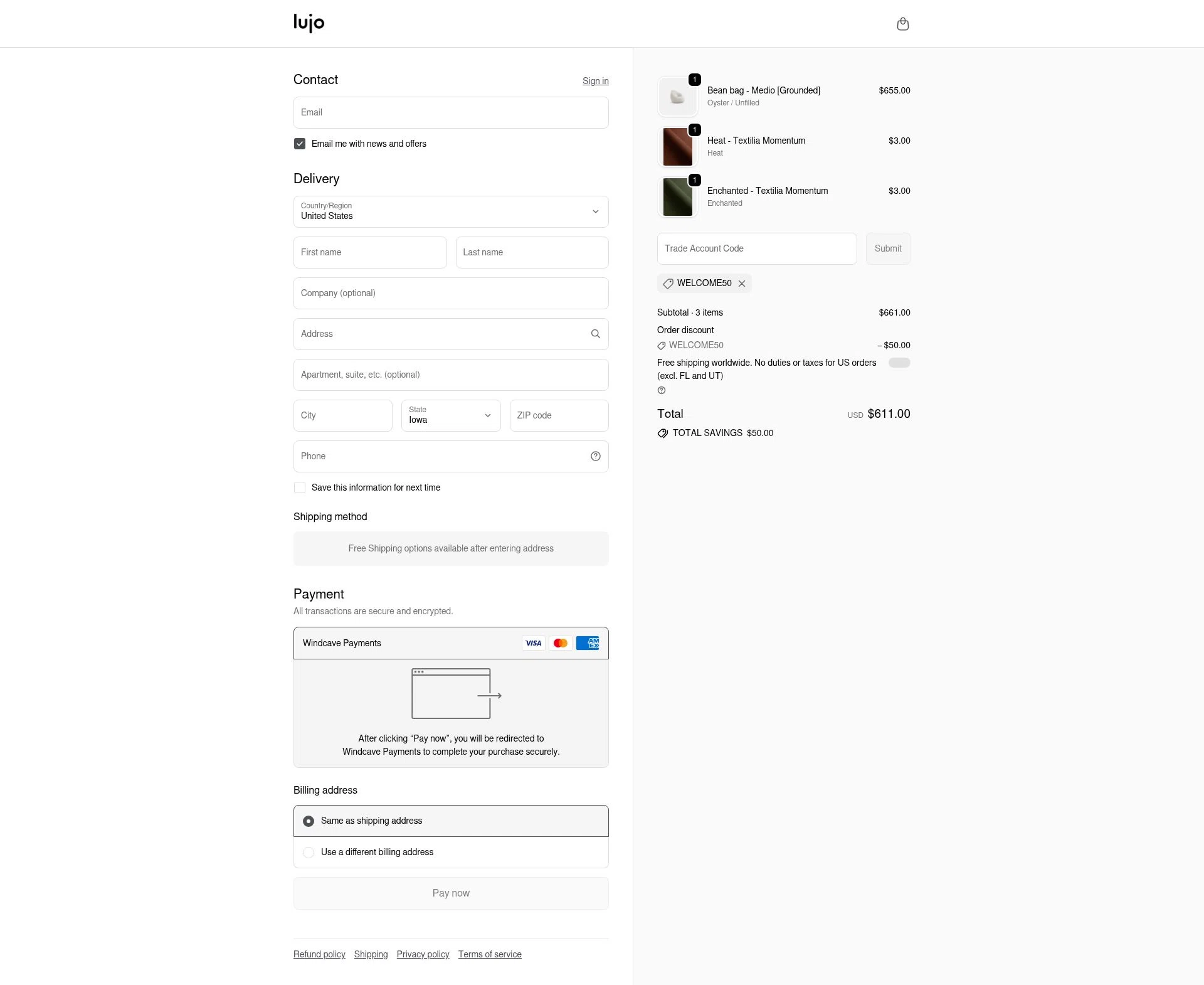 Lujo Living checkout page showing Lujo Living promo code box | Screenshot taken by SimplyCodes community member on Jan 10, 2026