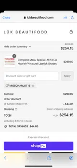 MISSCHARLOT15 coupon verification screenshot