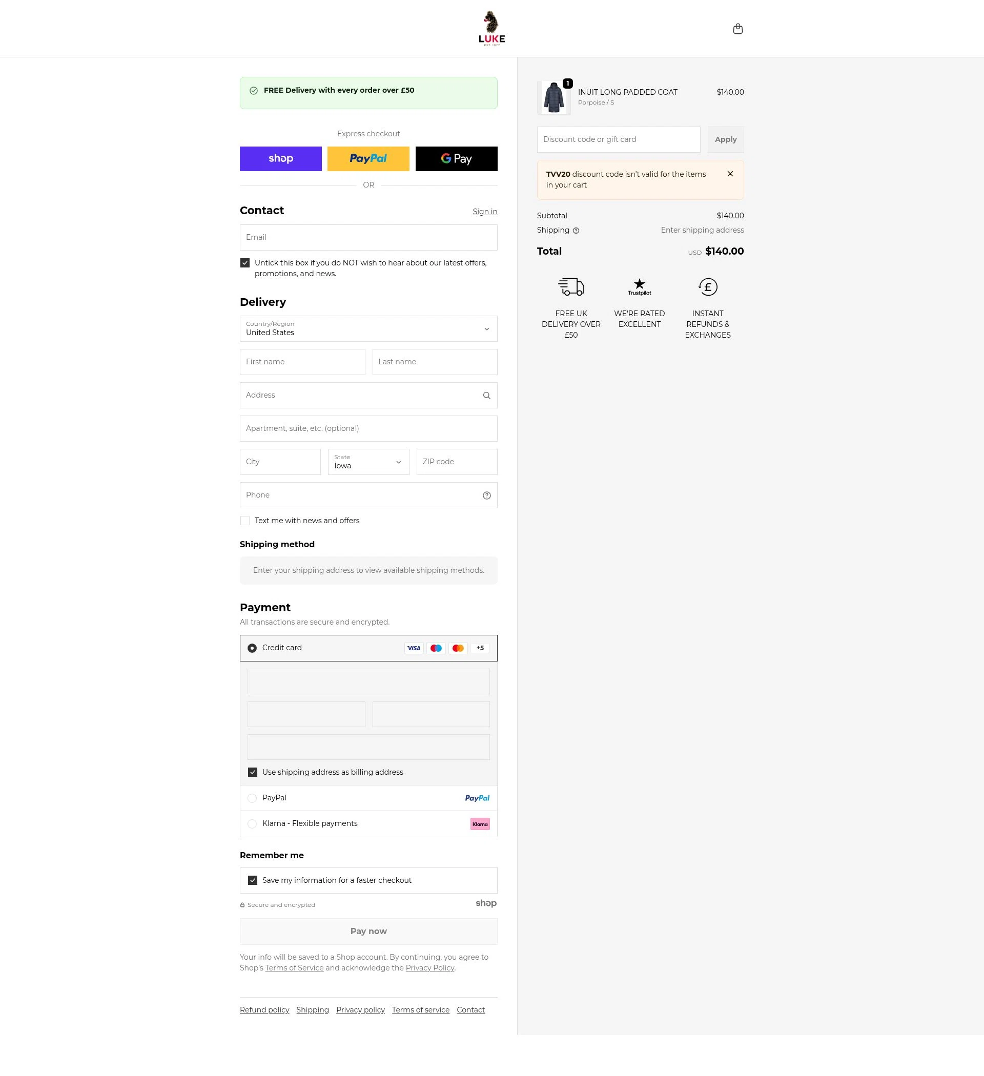 Luke 1977 checkout page showing Luke 1977 discount code box | Screenshot taken by SimplyCodes community member on Jan 2, 2026