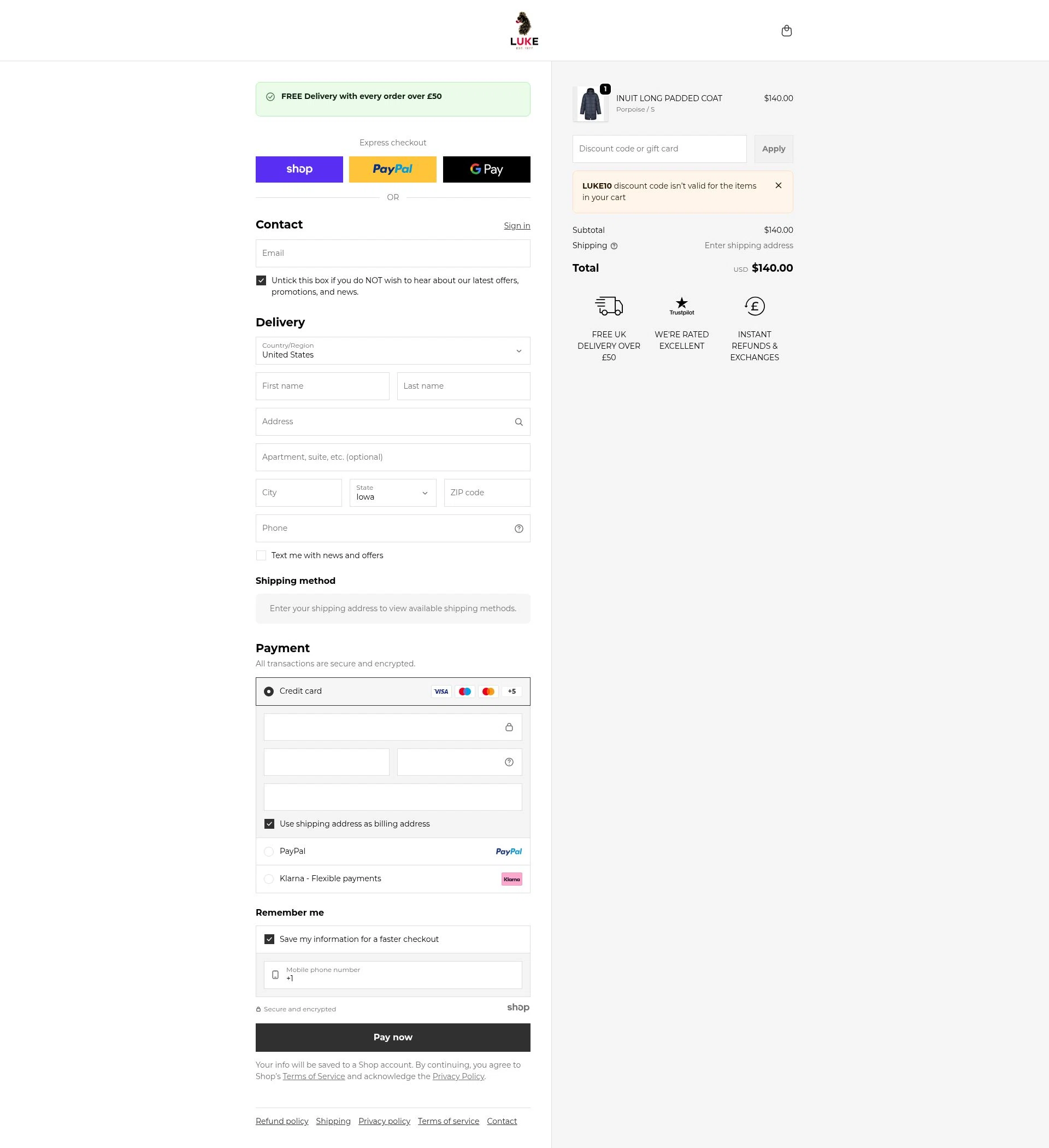 Luke 1977 checkout page showing Luke 1977 discount code box | Screenshot taken by SimplyCodes community member on Jan 2, 2026