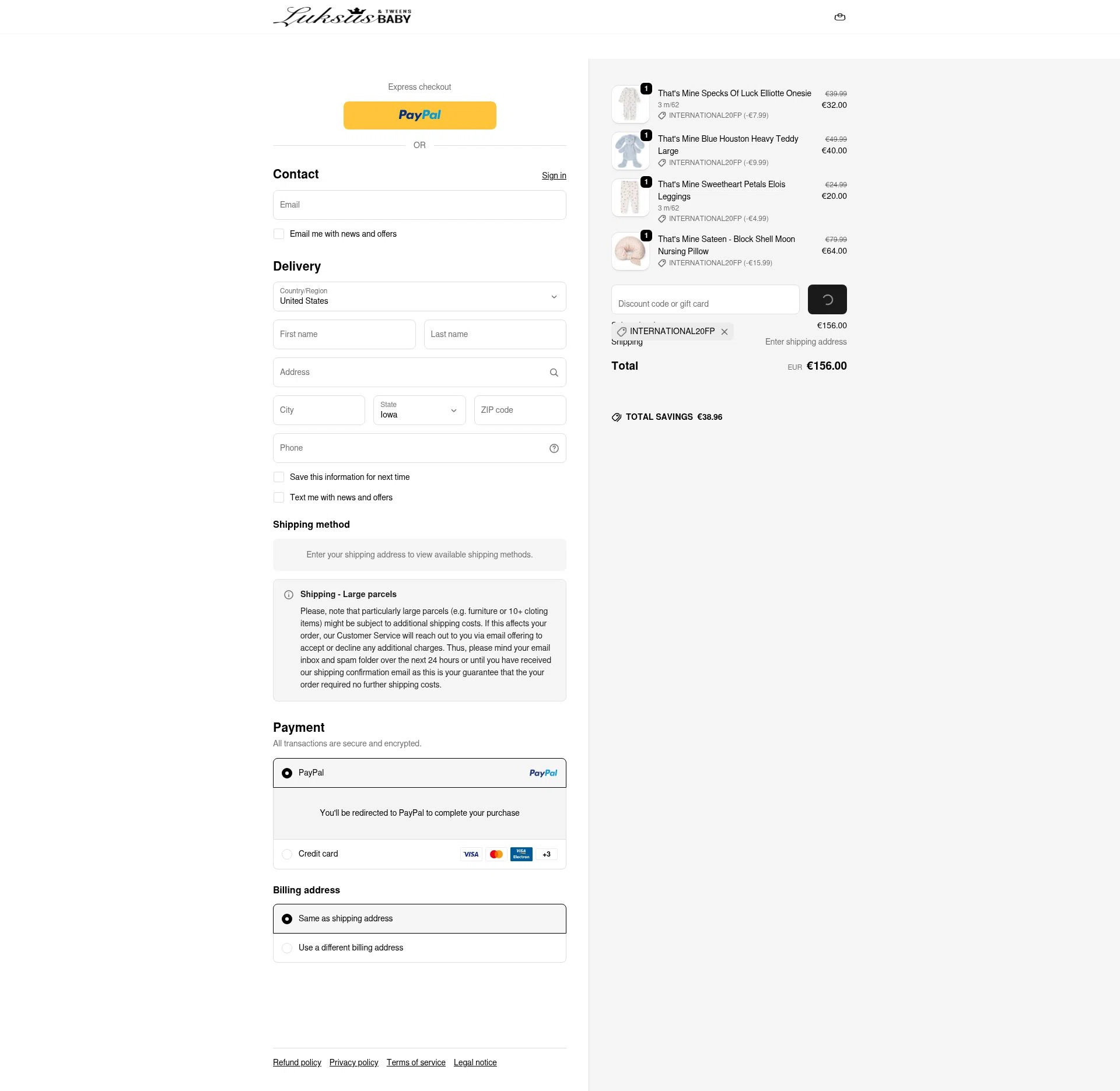 Luksus Baby checkout page showing Luksus Baby promo code box | Screenshot taken by SimplyCodes community member on Feb 4, 2026