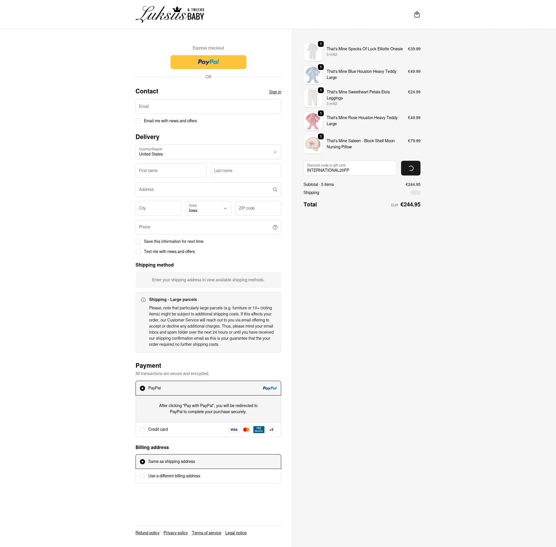 Luksus Baby checkout page showing Luksus Baby promo code box | Screenshot taken by SimplyCodes community member on Jan 21, 2026