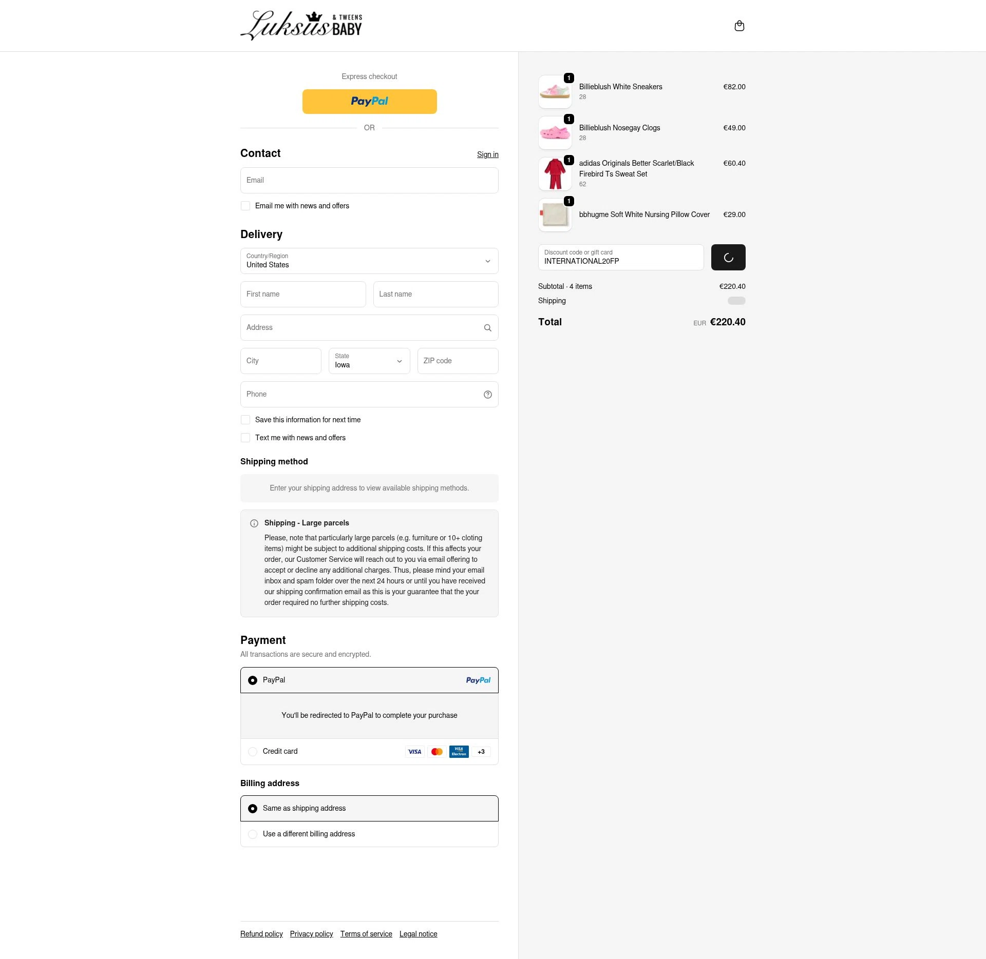 Luksus Baby checkout page showing Luksus Baby promo code box | Screenshot taken by SimplyCodes community member on Feb 21, 2026