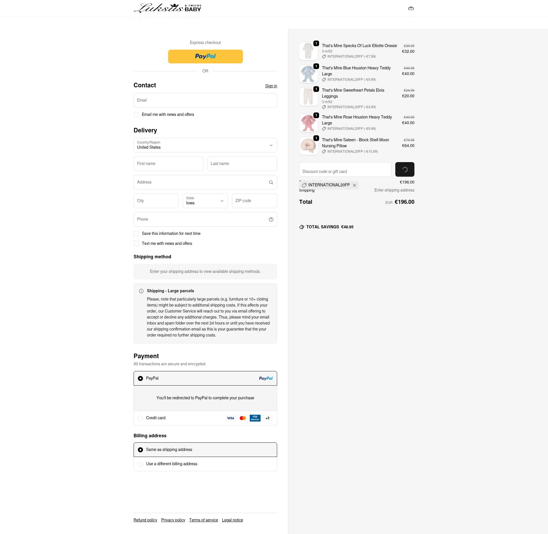 Luksus Baby checkout page showing Luksus Baby promo code box | Screenshot taken by SimplyCodes community member on Feb 8, 2026