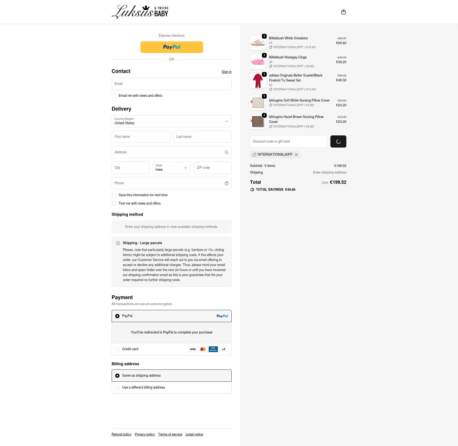 Luksus Baby checkout page showing Luksus Baby promo code box | Screenshot taken by SimplyCodes community member on Feb 12, 2026