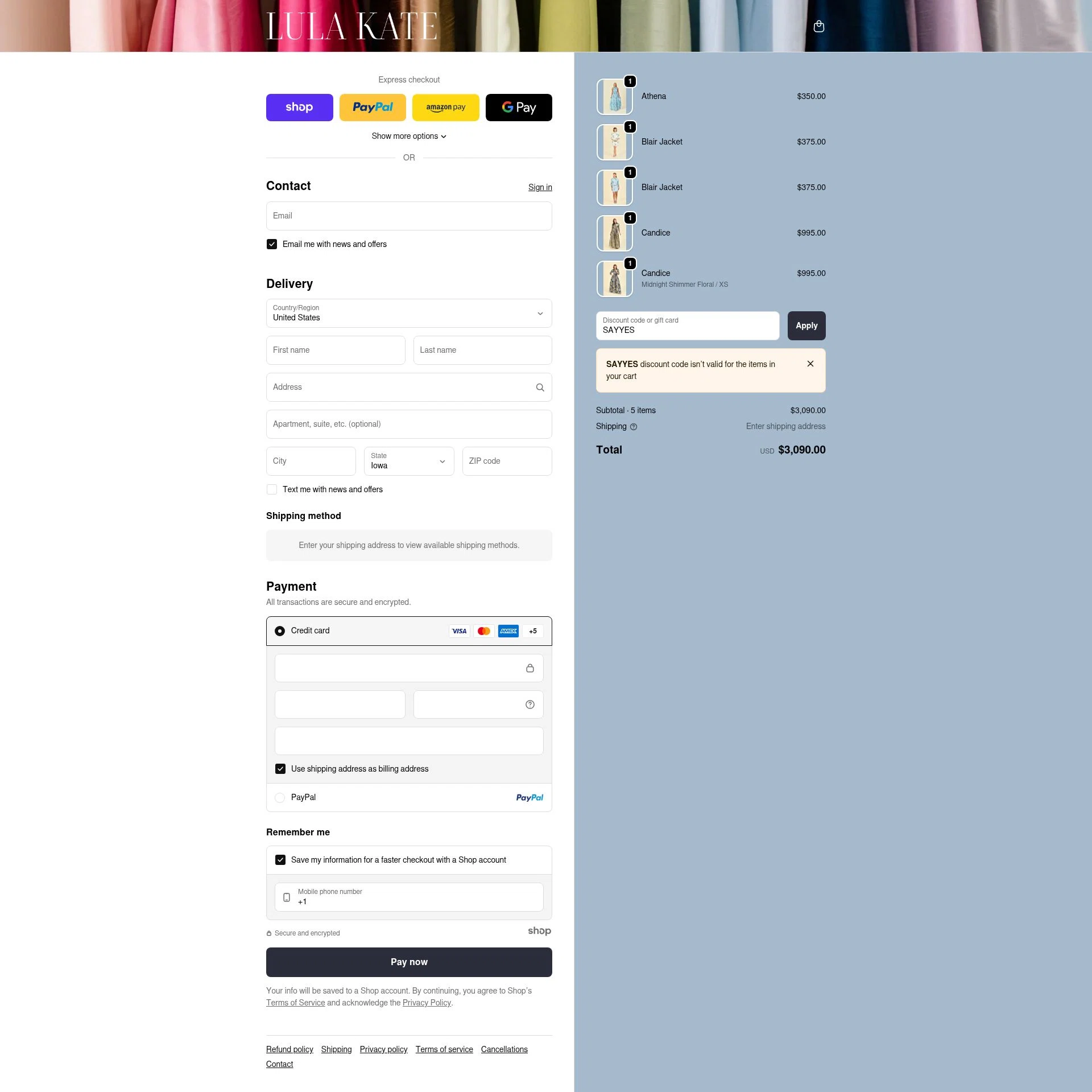Lula Kate checkout page showing Lula Kate discount code box | Screenshot taken by SimplyCodes community member on Nov 24, 2025