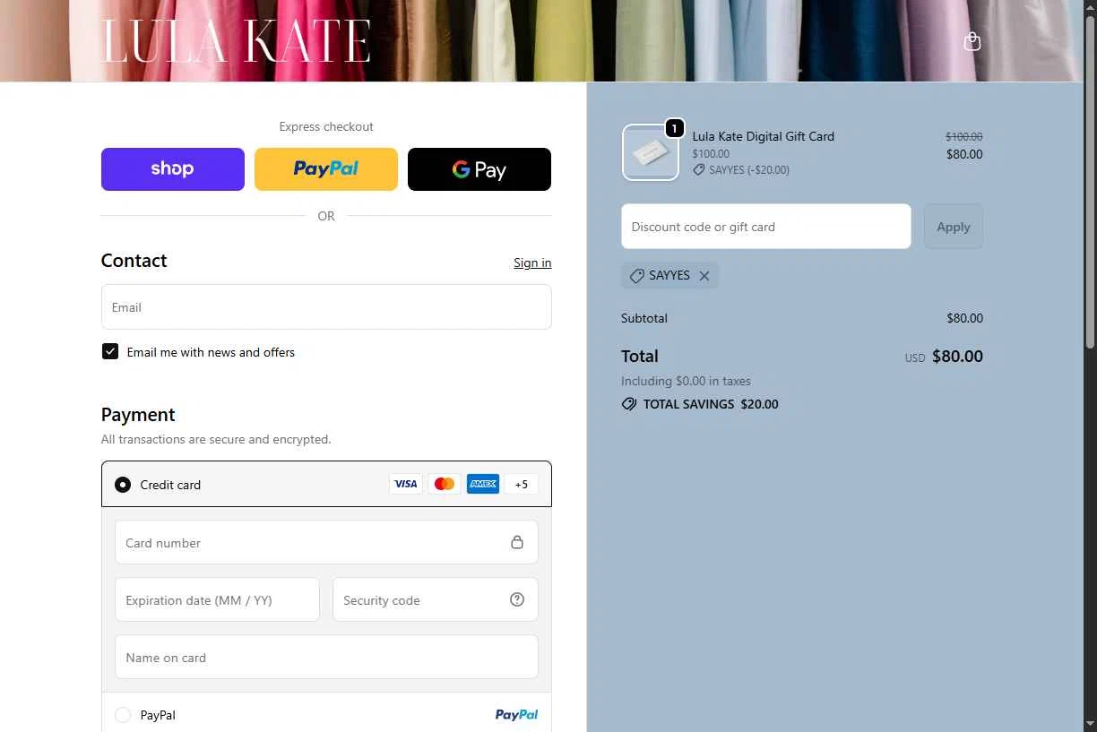 Lula Kate checkout page showing Lula Kate discount code box | Screenshot taken by SimplyCodes community member on Nov 22, 2025