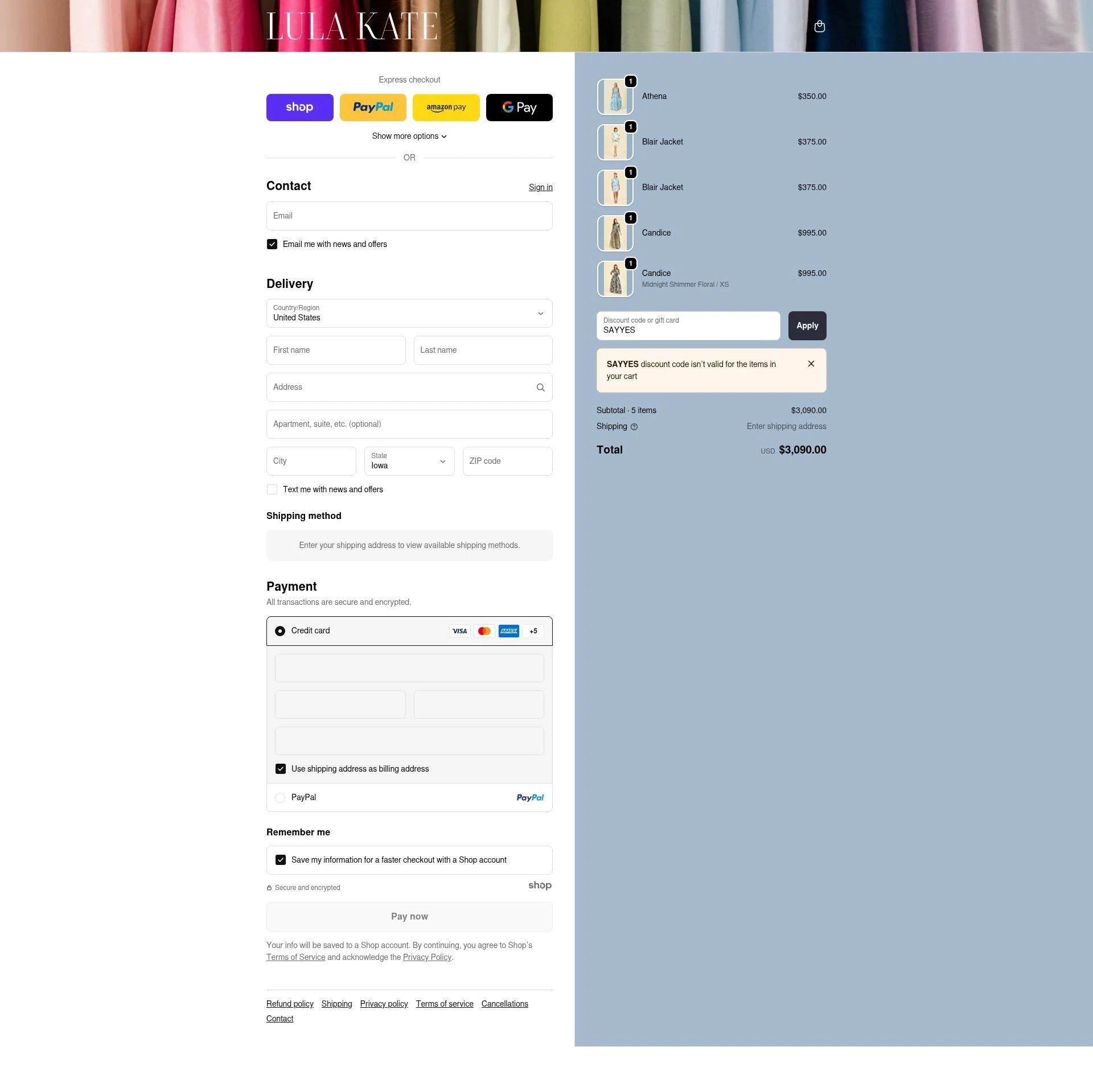 Lula Kate checkout page showing Lula Kate discount code box | Screenshot taken by SimplyCodes community member on Nov 29, 2025