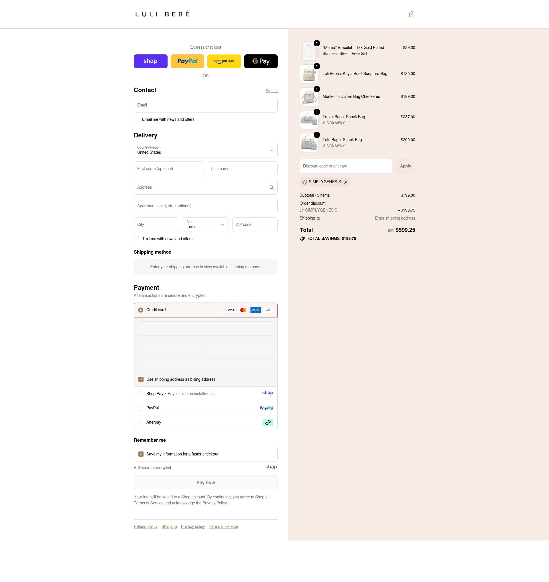 Luli Bebé checkout page showing Luli Bebé promo code box | Screenshot taken by SimplyCodes community member on Jan 6, 2026