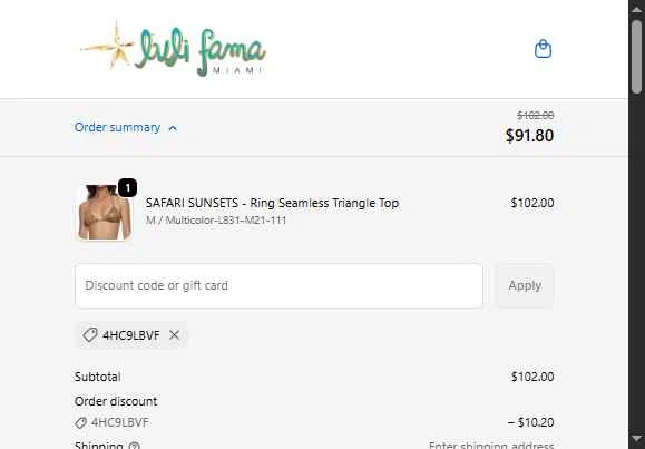 Luli Fama checkout page showing Luli Fama discount code box | Screenshot taken by SimplyCodes community member on Jan 6, 2026