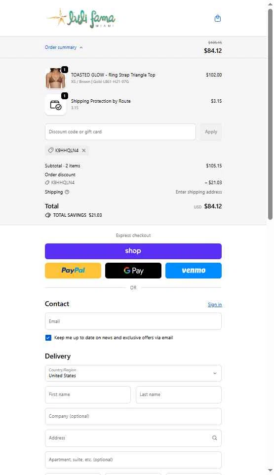 Luli Fama checkout page showing Luli Fama discount code box | Screenshot taken by SimplyCodes community member on Oct 23, 2025