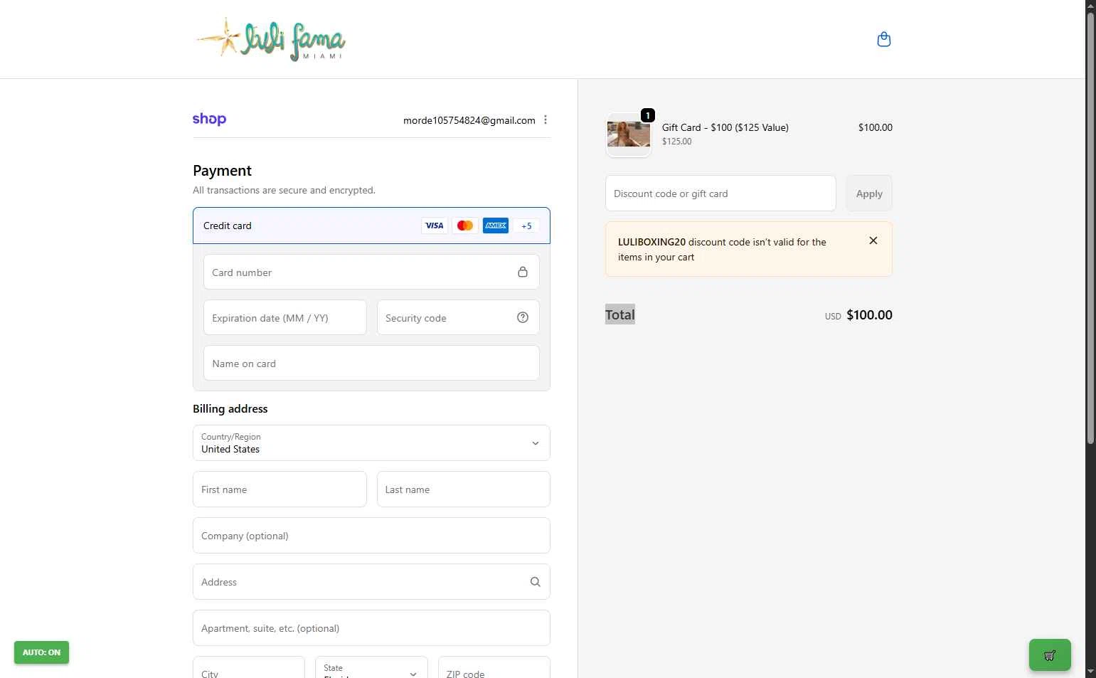 Luli Fama checkout page showing Luli Fama discount code box | Screenshot taken by SimplyCodes community member on Dec 26, 2025